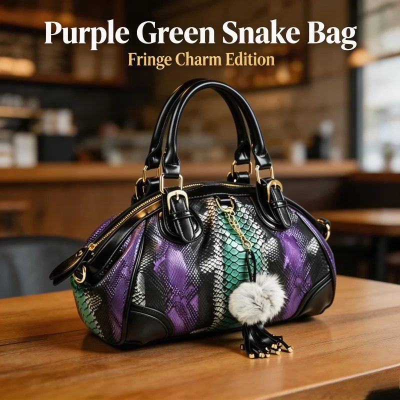Women Snake Print Boston Handbag Faux Leather Pom Pom Tassel Charm Metal Hardware Detachable Strap Top Handle Crossbody Purse