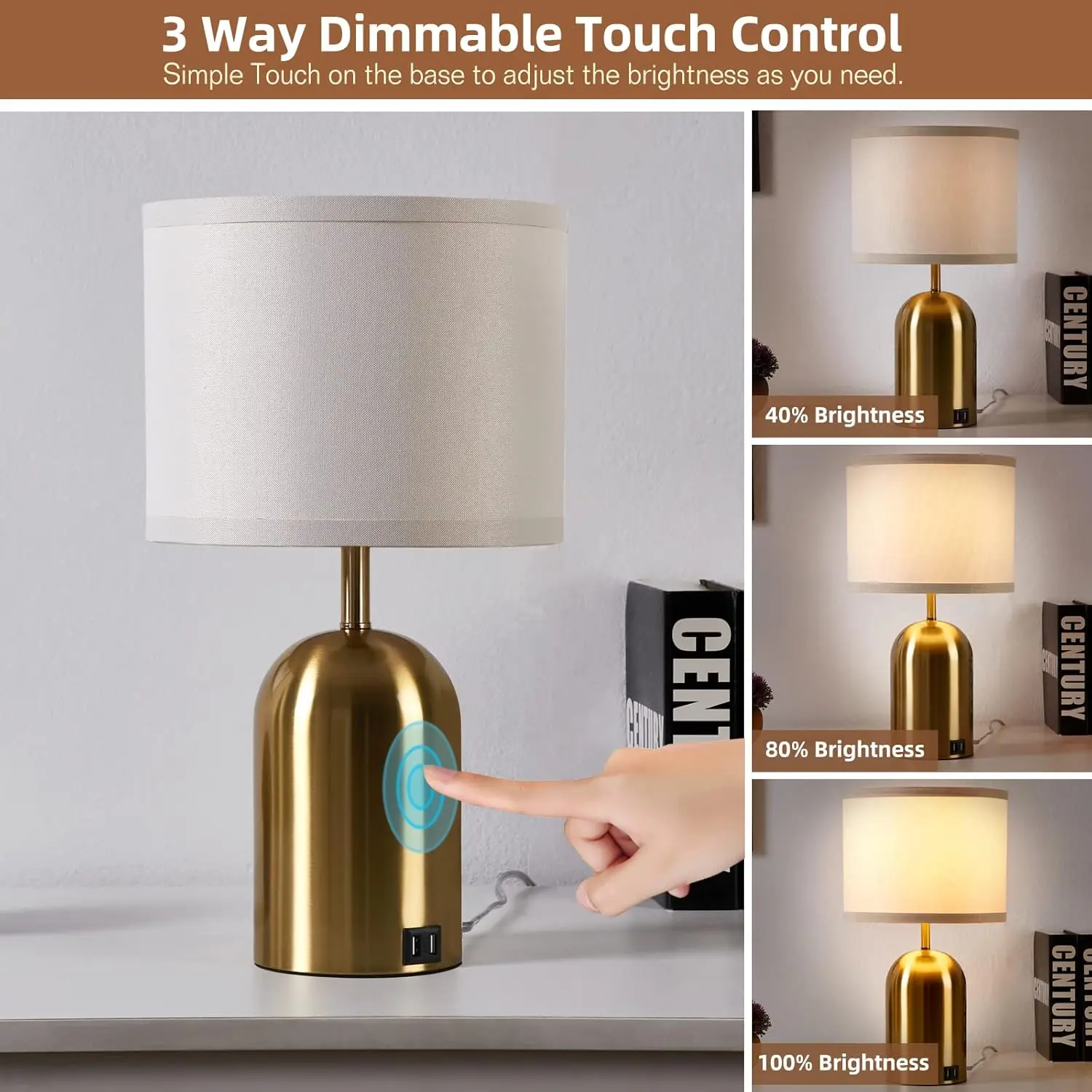 Set di 2 lampade da tavolo Gold Touch Control con ricarica USB, dimmerabili per camera da letto, soggiorno, ufficio