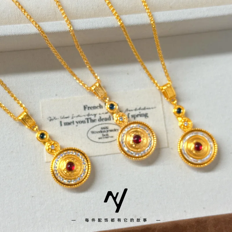 24K Gold AU999 Rotating Pendant | Matte rotating surface with cloud patterns, glossy chain, versatile and elegant