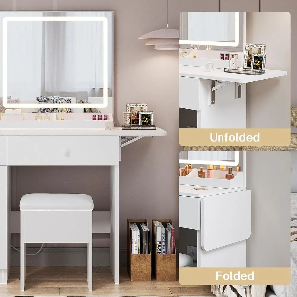 Bureau de maquillage blanc éclairé avec rangement, chargement et 3 modes d'éclairage pour vanité de chambre à coucher