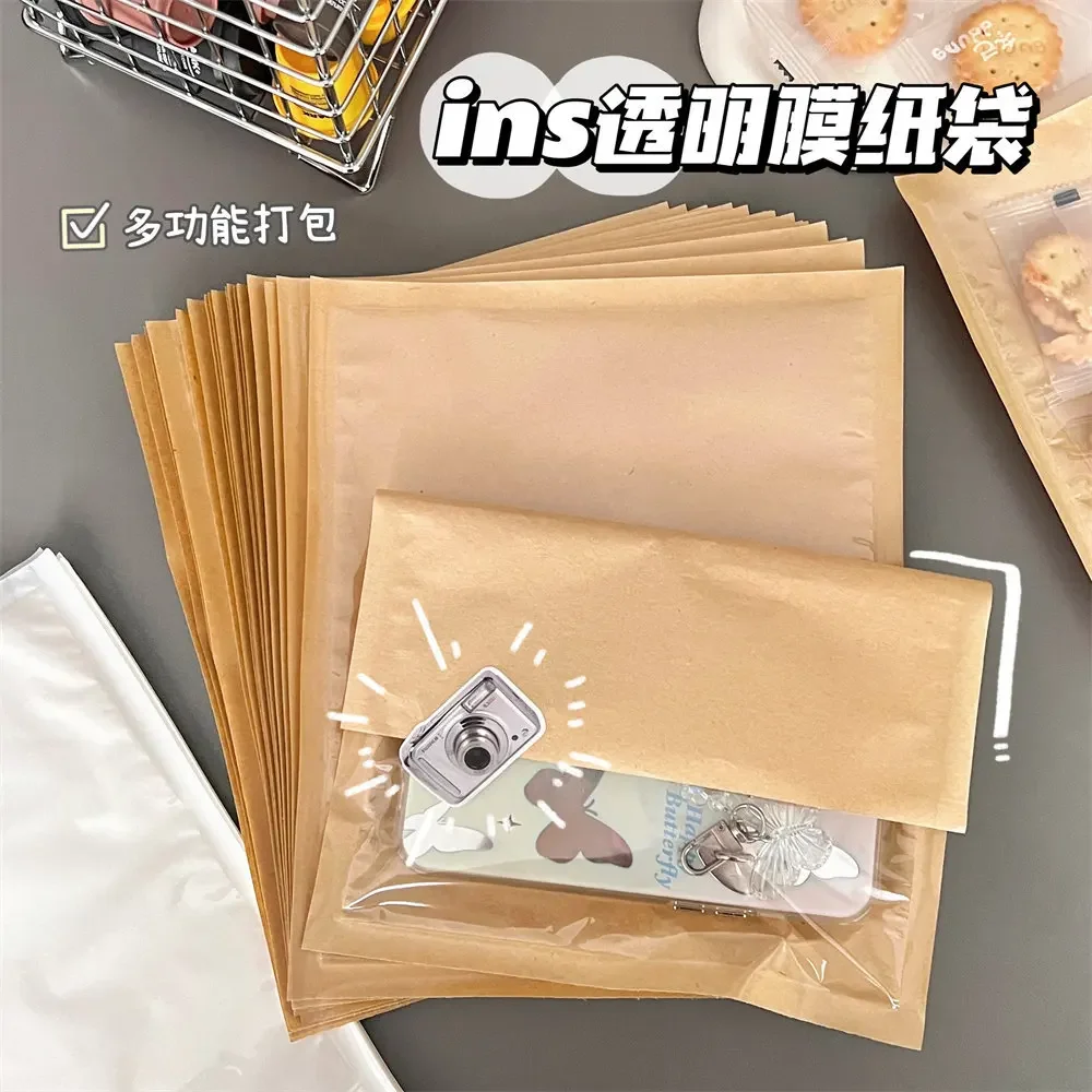 50pcs Kraft Paper with Window Bread Packaging Bags Oil-proof Breakfast Cookie Breat Supplies Party Food Toast Clear Celebrate