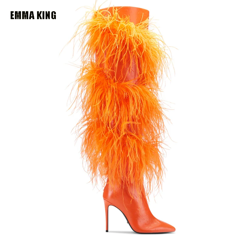 2022 Kobiety Faux Fox Fur Shoes Winter Fashion Over The Knee Boots Orange Feather Long Boots Sexy Pointed Toe Party Boots 44