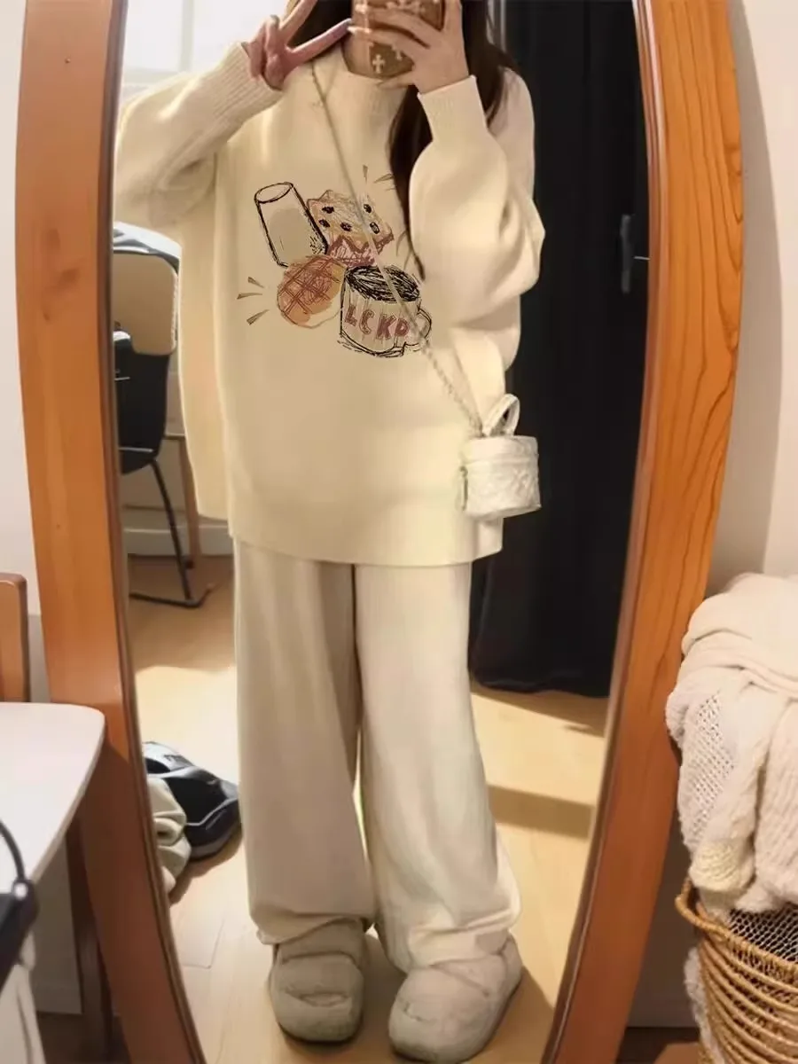 Pull imprimé blanc pour femme, petite taille, paresseux, haut de gamme, sensation, tricoté, irt, automne hiver