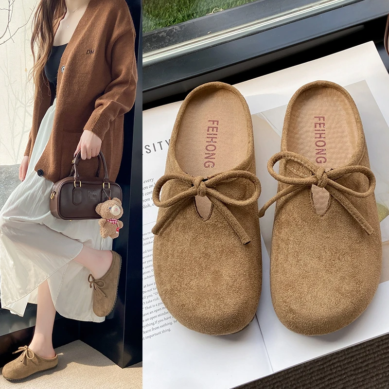 Autumn New Baotou Slippers Women Fashion Round Head Deep Mouth Butterfly Knot Inside High and Low Upper Shoes