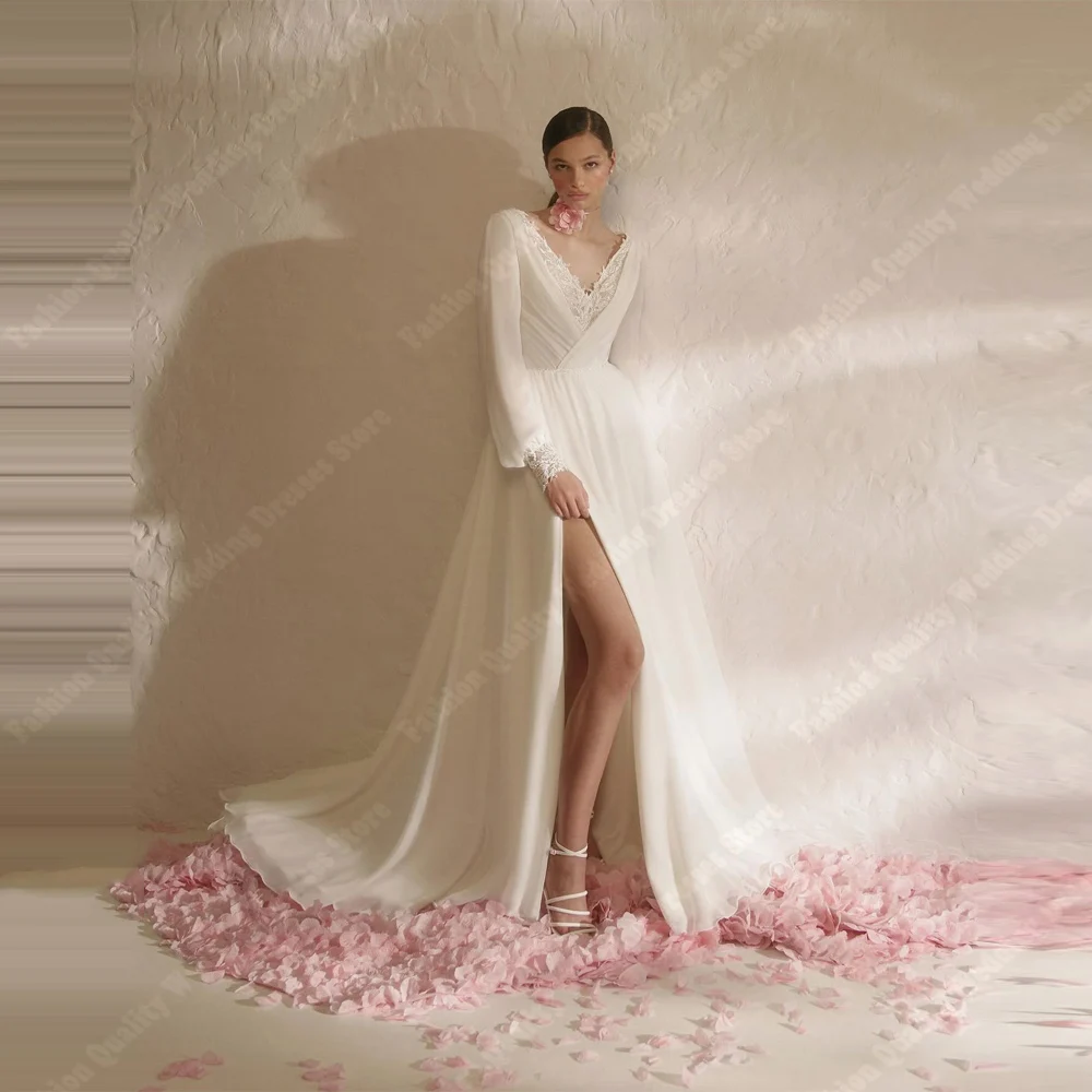 

2025 Sexy V-Neck Women Wedding Dresses Lace Printing A-Line Bridal Gowns Elegant Multi-Layer Sheer Vestido De Novias Customized