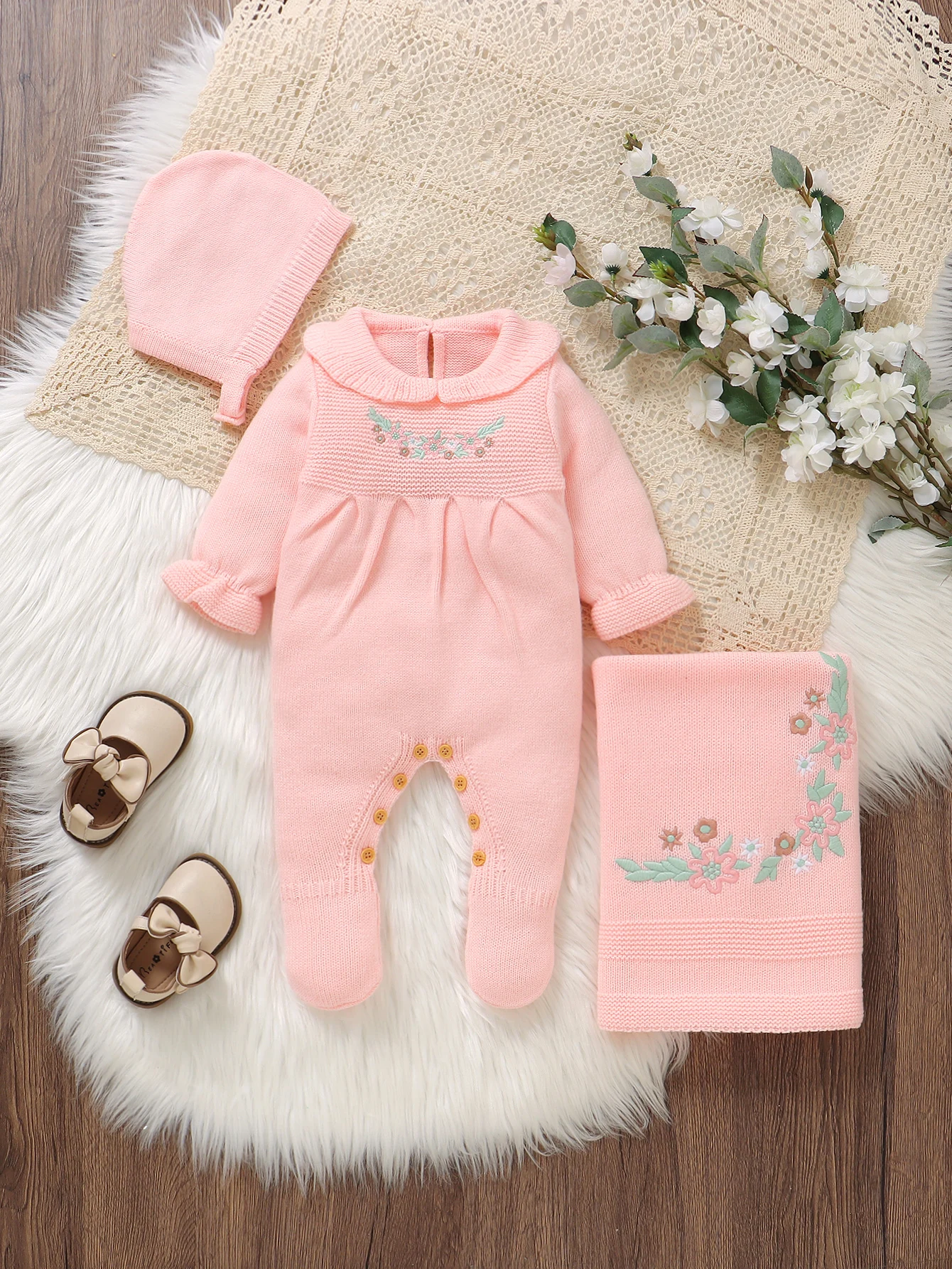 

Fashion Floral Embroideried Baby Girls Romper+Blanket+Hat Outfits Set 0-9m Infant Casual Outwear Clothes Children's Knitwear