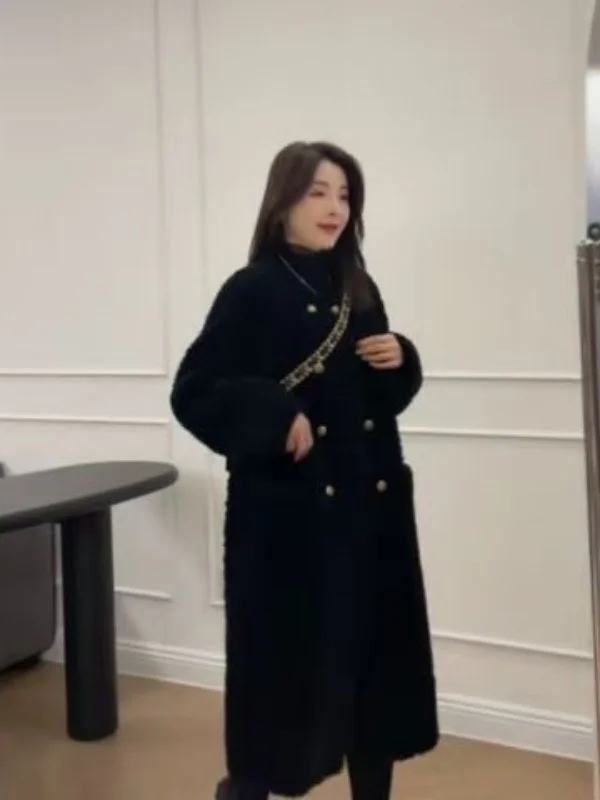 Retro Lammfell Jaet Damen Warme Oberbekleidung Lange Sve runde Ne Mittellange Lose Passform Vielseitiger Wintermantel Polyesterfaser