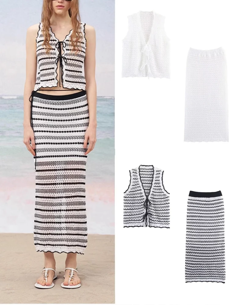 

European and American style women's autumn new fashion trend temperament V-neck sleeveless lace-up knitted top skirt suit