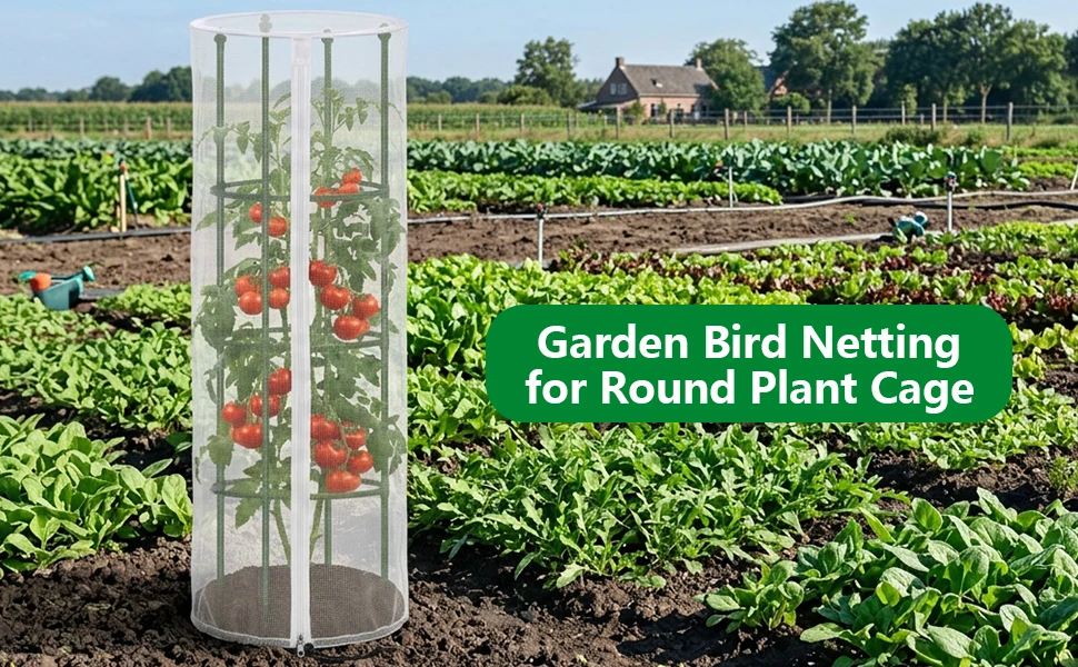 2 Pcs Garden Bird Netting Cover for Round Tomato Cage, 59' X 18' Tomato Trellis Insect Barrier Protection Mesh, Plant Cage Garden Net Cover with Zipper for Vertical Climbing Plants Vegetables Fruits