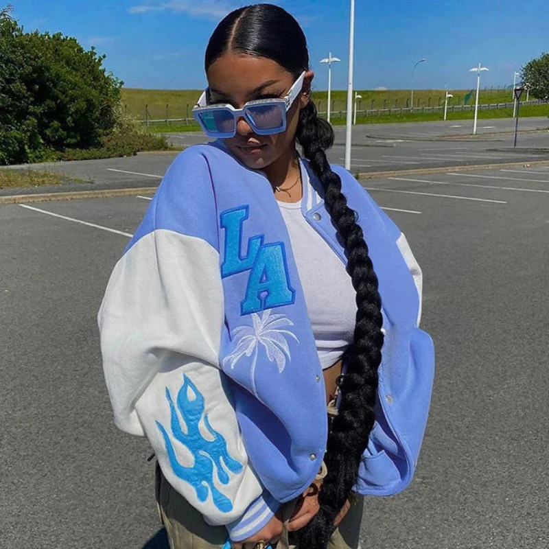 

GELITAYIN 2021 New European And American Letters Embroidery Jackets Coat Women's Street Retro Stitching Baseball Uniform Loose J