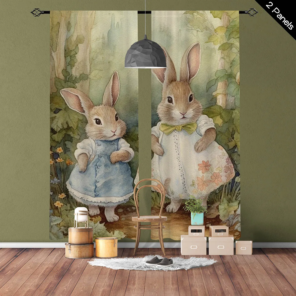 

American Retro Pastoral Style Cartoon Rabbit Easter Decoration Curtain Rod Pocket Bedroom Living Room Restaurant Curtain 2 Pcs