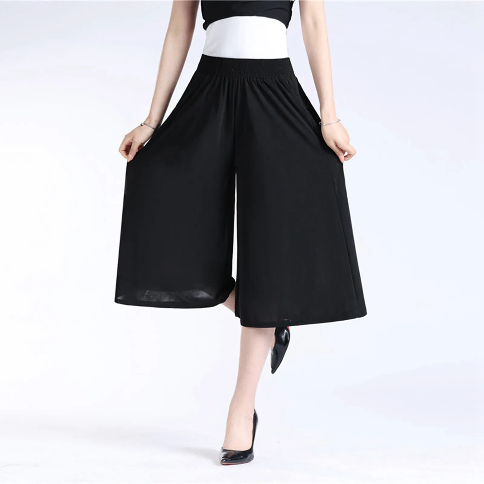 

Women Side Slit Chiffon Pants Summer Thin Elastic Waist Wide Leg Pants Chic Droop Trousers Chinese Style Nine Point Pants