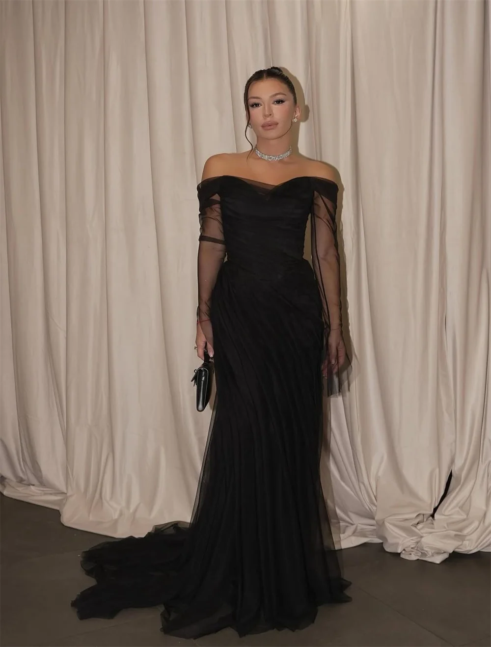 Elegancka suknia wieczorowa ROYET, odkryte ramiona, długa do podłogi, suknia balowa z trenem, formalna, szyta na miarę, nowa suknia wieczorowa.