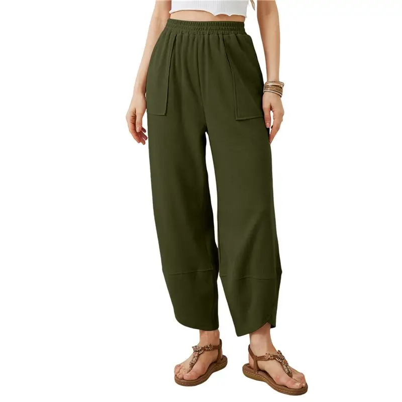 CYL-Womens Baggy wijde pijpen broek Casual elastische taille Palazzo harembroek met zakken