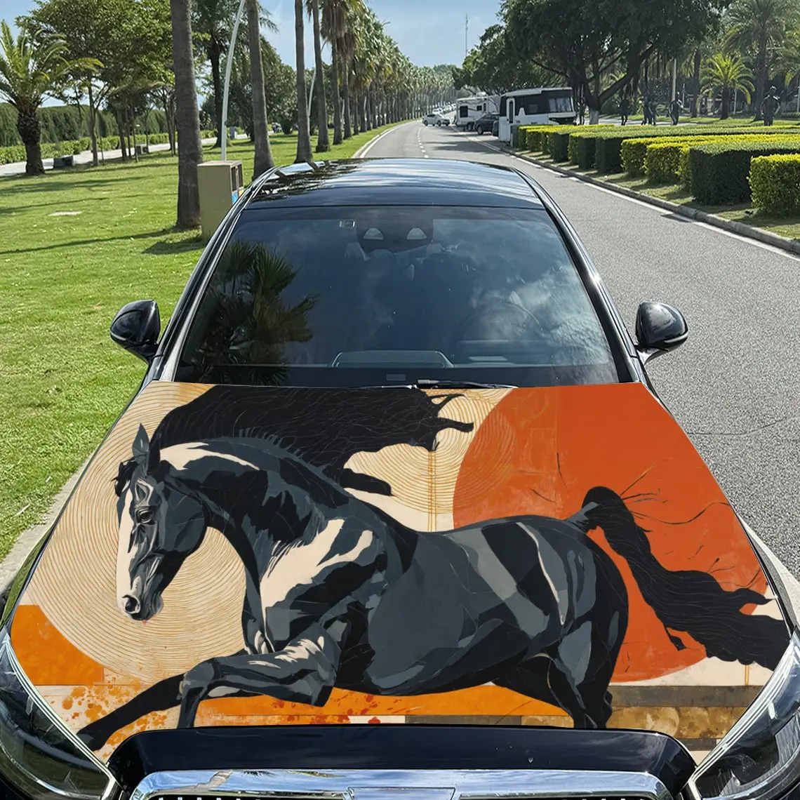 Galloping Black Horse PVC Car Engine Hood Vinyl Wraps, Self-Adhesive Waterproof Car Hood Decal Sticker, Car Decoration Protectio
