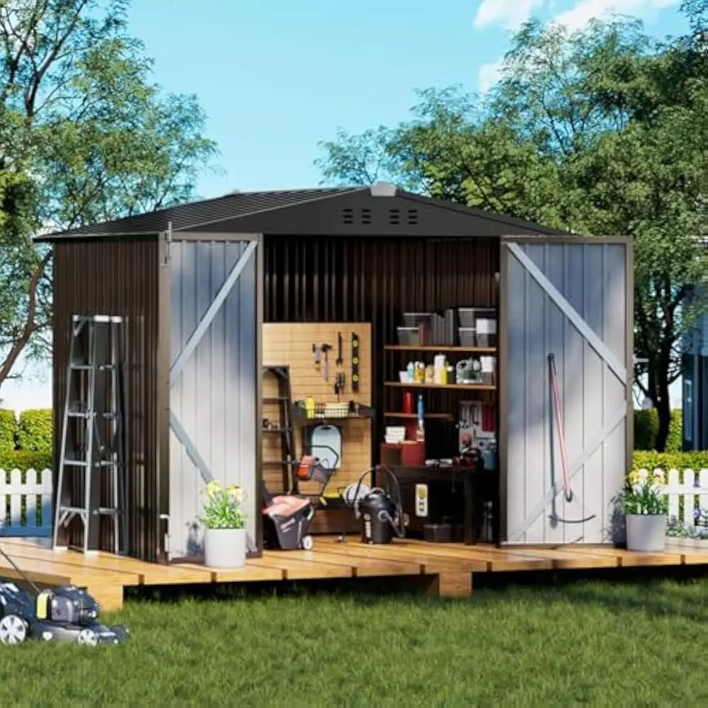 

8x6ft Outdoor Storage Shed Metal, Lockable Doors Tool Sheds with Sloping Roof, Steel Garden Shed with Air Vent