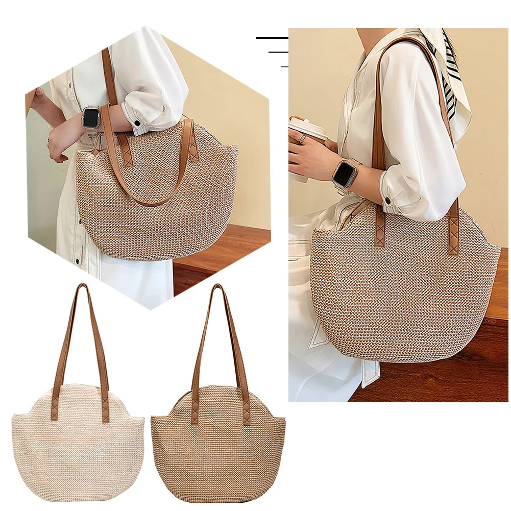 Summer Straw Women Half-moon Beach Handbag Rattan Handmade Handle Fashion Kintted Tote Bag image 5