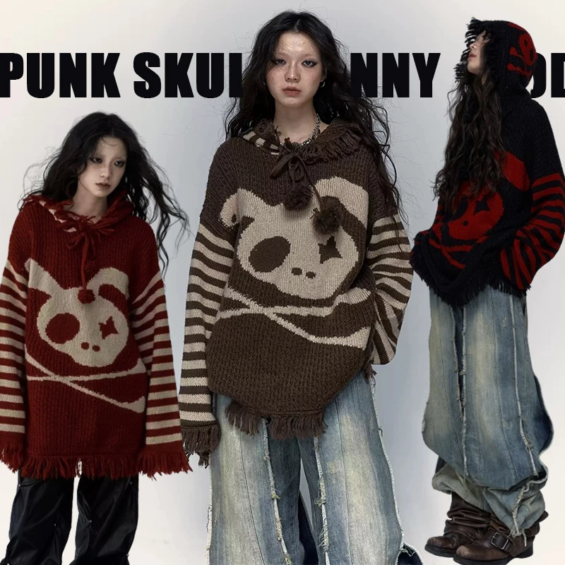 Women clothing  Sweater Subculture Fall 2024 Winter Punk Streetwear Y2k Skull Loose Knit Long Tops with Hooded Women Sweaters