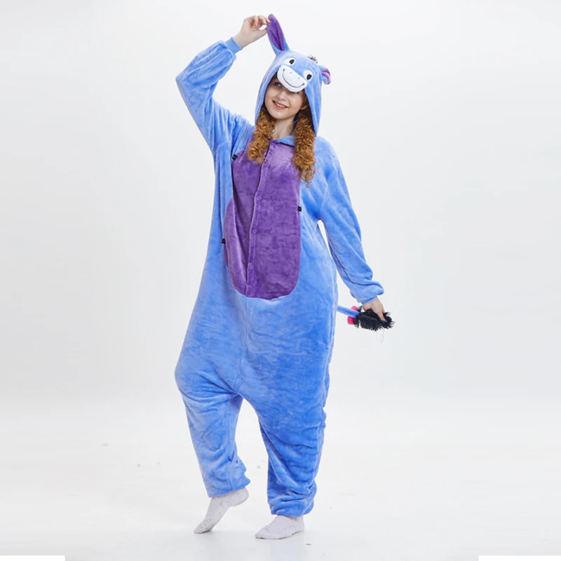 Niebieskie koszule nocne z osłem kombinezon z kapturem piżamy Kigurumi dla dorosłych home wear flanelowe Anime oversize Cosplay