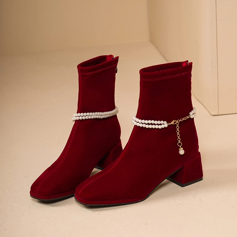 

Elegant Wedding Women Ankle Boots Winter Luxury Brand String Bead Women Shoes Suede Chunky Pumps Goth Square-toed Women Boots