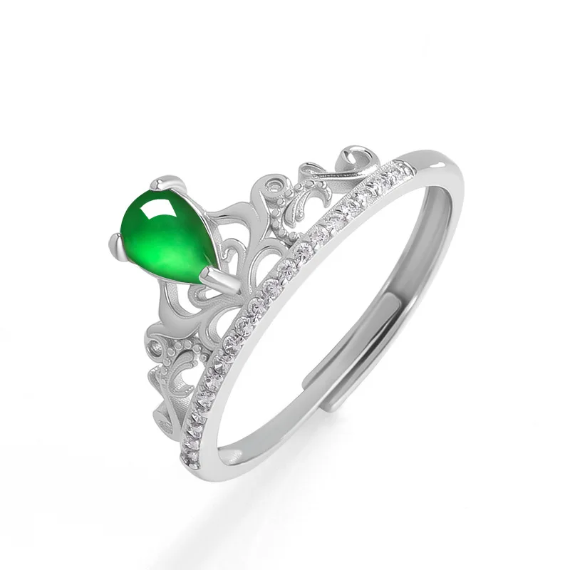 

S925 Silver Inlaid Natural A-grade Jade Yang Green Crown Ring Ice Type Jadeite Fashion Women's Jewelry Adjustable Drop Shipping