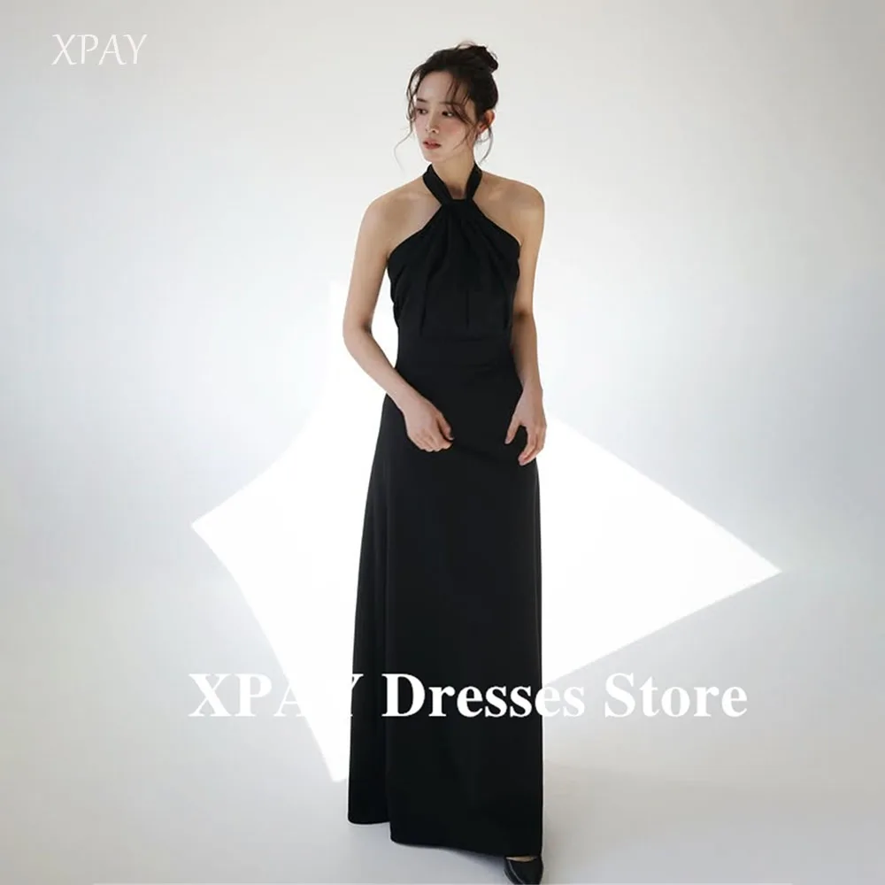 XPAY فساتين زفاف بسيطة سوداء بطول الأرض لالتقاط الصور بدون حمالات رسن على شكل حرف a للحفلات المسائية فساتين حفلات مخصصة 2025