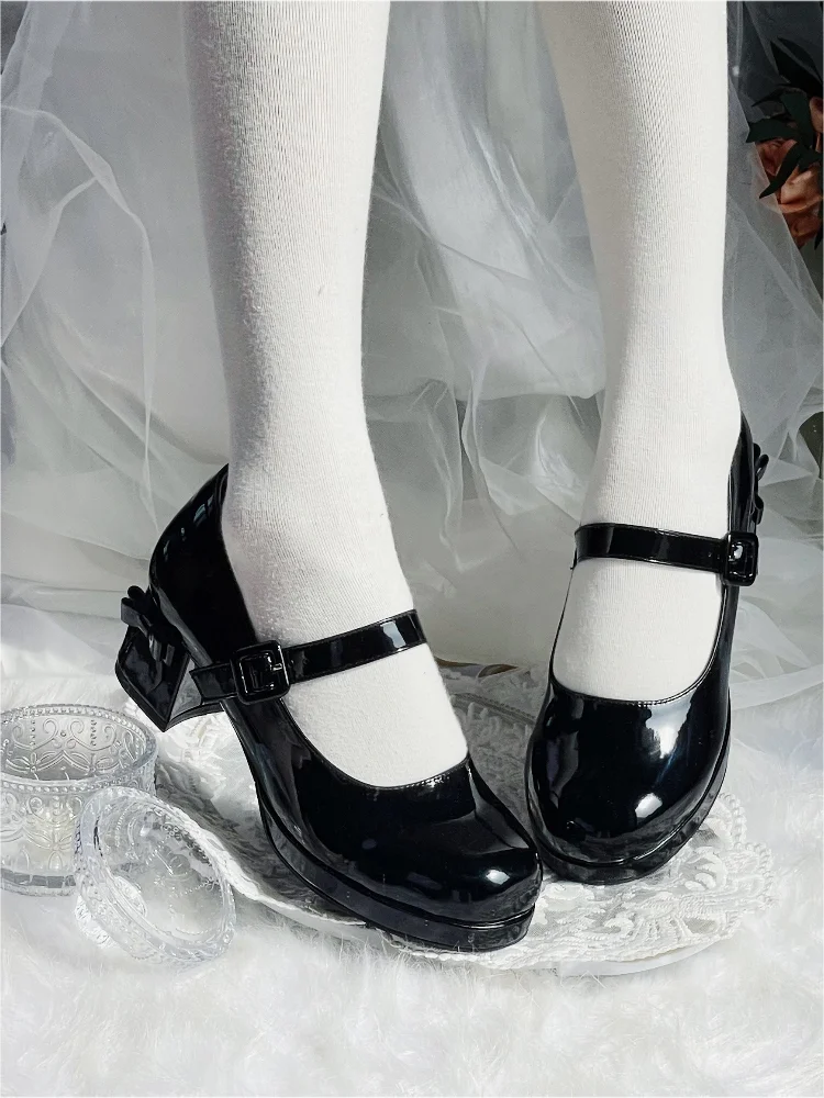 Japanese Sweet Lolita Original High Heel Shoes Round Toe Platform Thick Heel Bow Elegant Women\'s Shoes