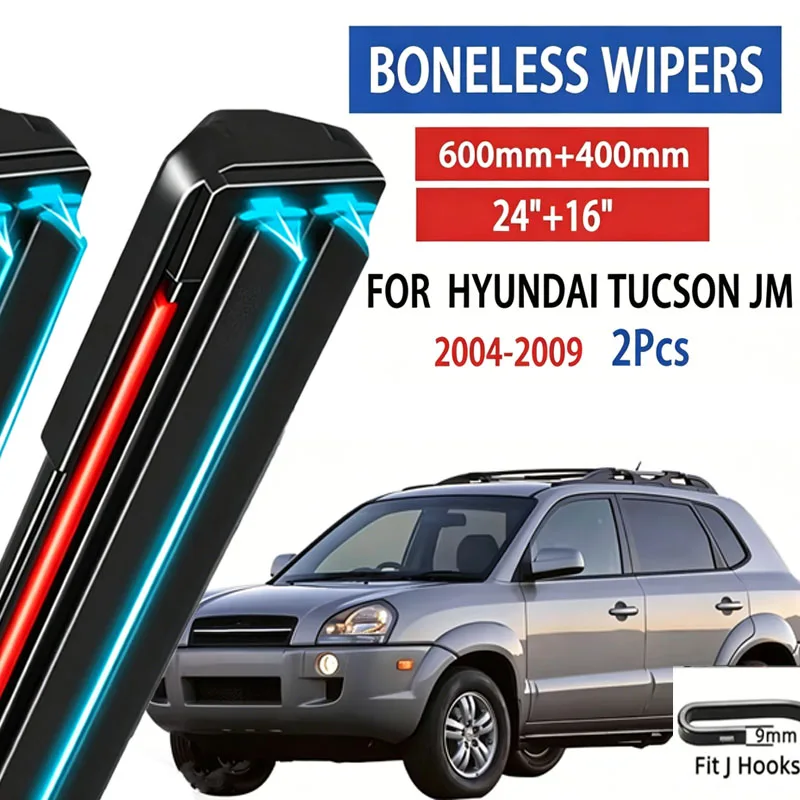 

2pcs For Hyundai Tucson JM 2004-2009 2005 2006 2007 Car Front Wiper Soft Rubber Boneless Wiper HD Quiet Automotive Wiper 24"+16"