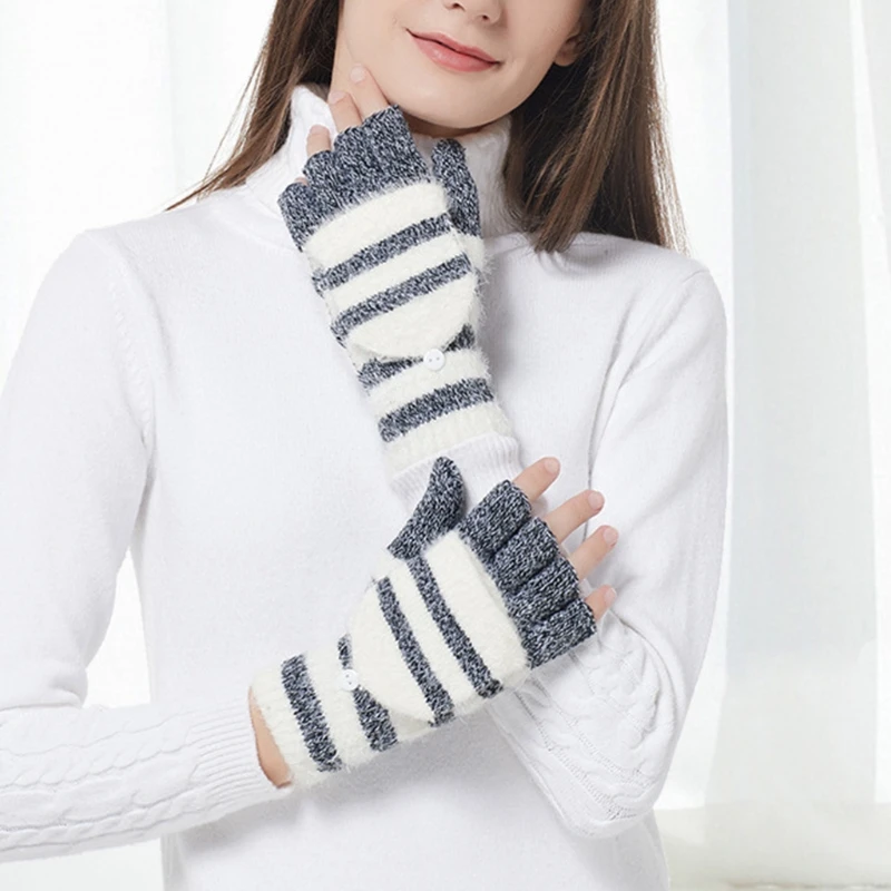 Winter Knitted Gloves Flip Cover Mittens Striped Fingerless Gloves with Flip Top Writing Gloves for Cold Weather