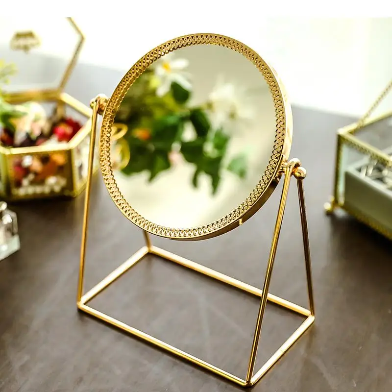 Copper desktop makeup mirror golden toilet glass princess round with portable cosmetic espejos decorativos