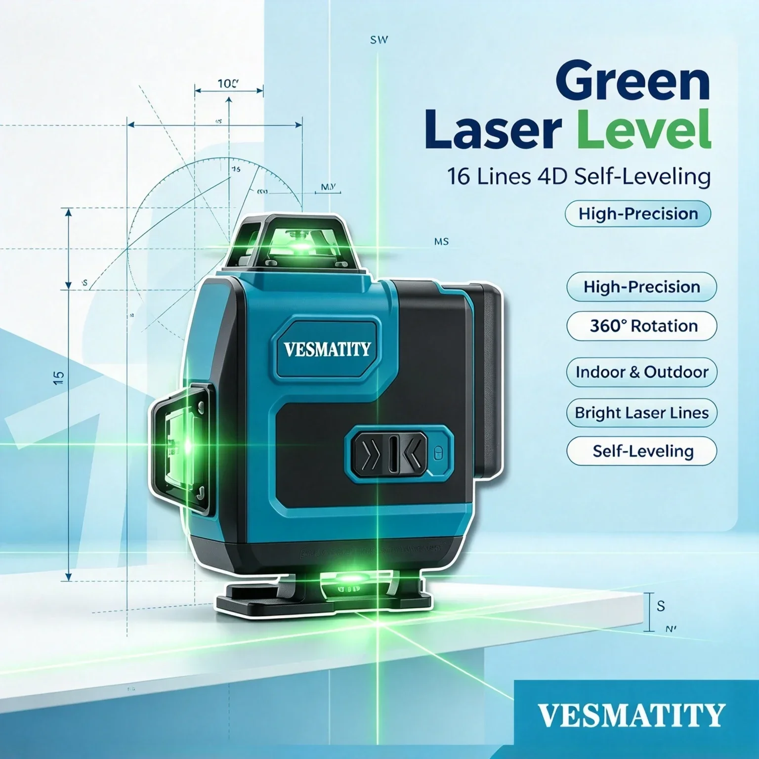 Vesmatity Battery Powered 16 Lines Green Laser Level Self Leveling IP65 Waterproof Remote Alignment Tool Max Pro Speed Set