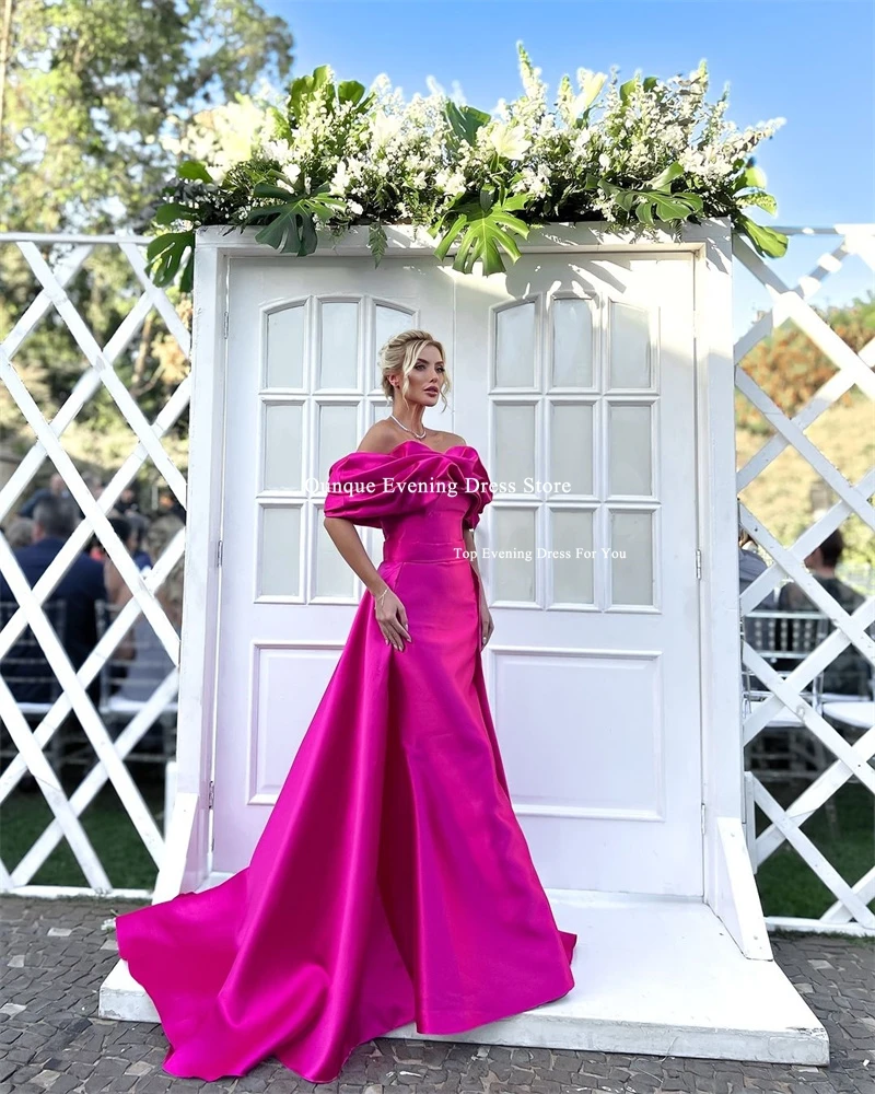 Qunque Fuchsia Evening Dress For Party Satin Off the Shoulder Sleeves Pleats Customized Mermaid Prom Gowns Train Celebrity Dress