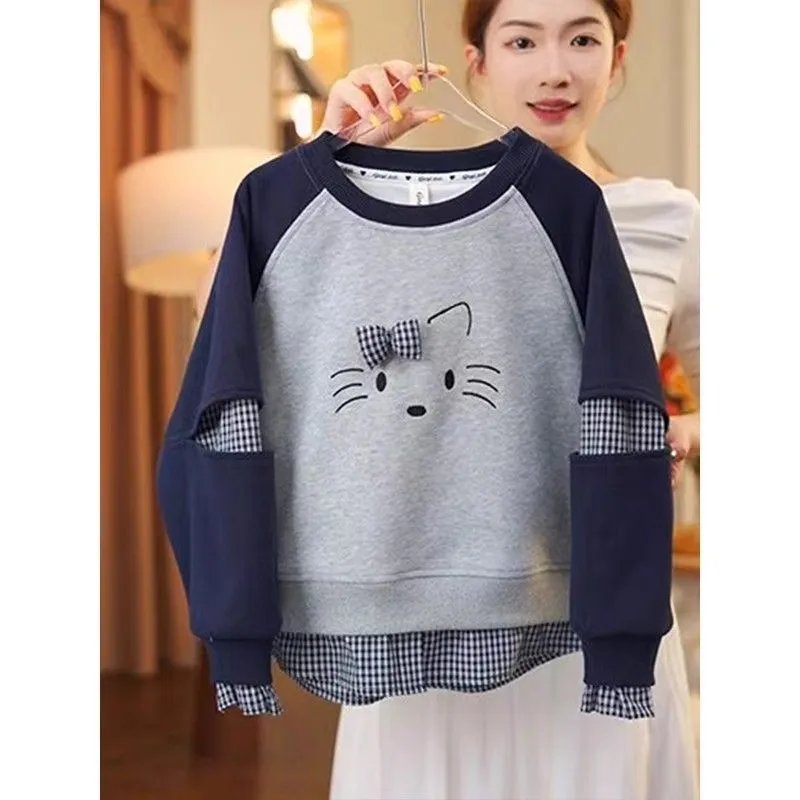 

Sanrio Hello Kitty Kpop Girls Sweatshirt 2025 New Autumn and Winter Children's Plaid Tops Girls Long Sleeve Children's Clothing