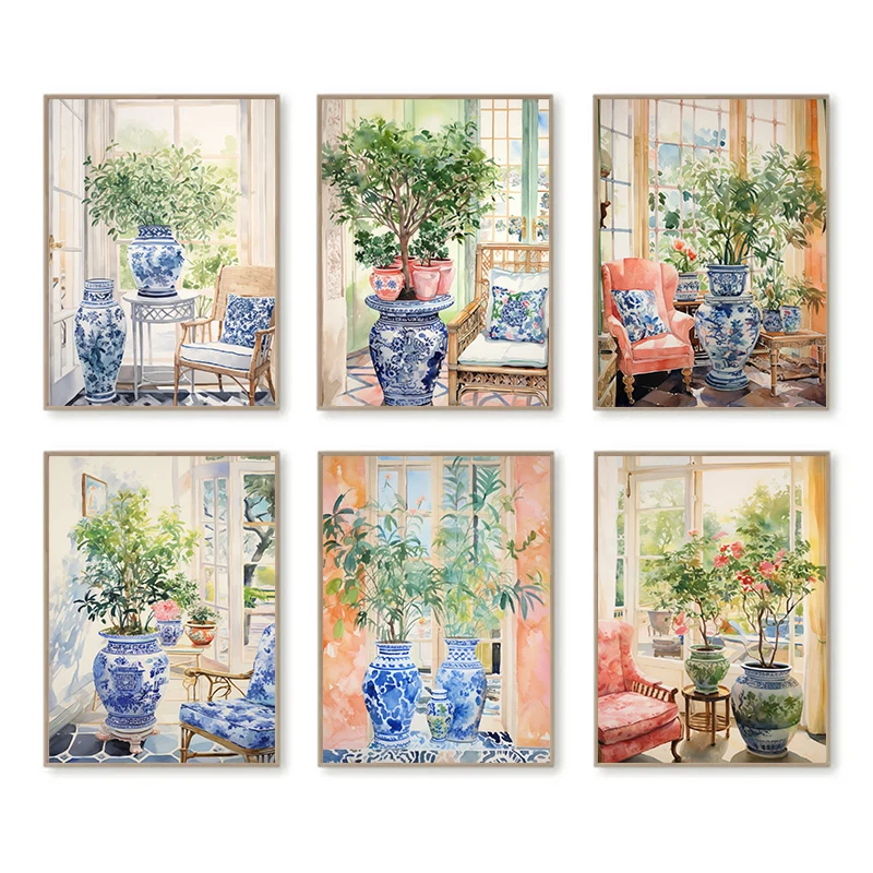 Blue White Chinoiserie Vase Plant Posters and Prints Canvas Printing Vintage Wall Art Picture for Garden Room Home Decoration