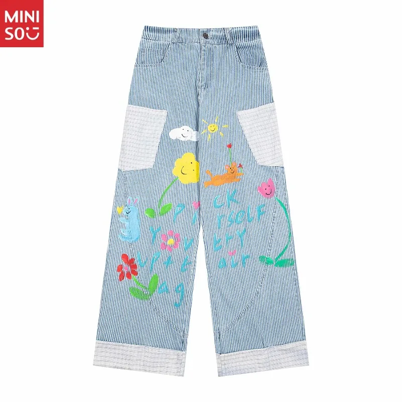 

Miniso Vintage Striped Cartoon Doodle Print Pants Men Women Couple Wide Leg Straight Loose Casual Kids Jeans