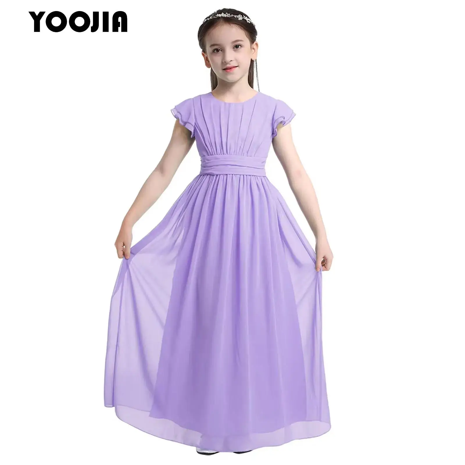 

Flower Girl Dress Kids Chiffon Flutter Sleeves Pageant Bridesmaid Wedding Party Long Dress Elegant Princess Summer Maxi Gowns