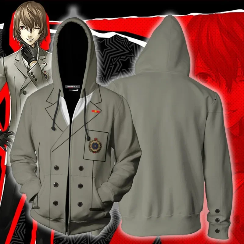 Persona 5 Goro Akechi Cosplay Sweatshirt P5 Hooded Coat Zipper Hoodie Men's Jacket Costume