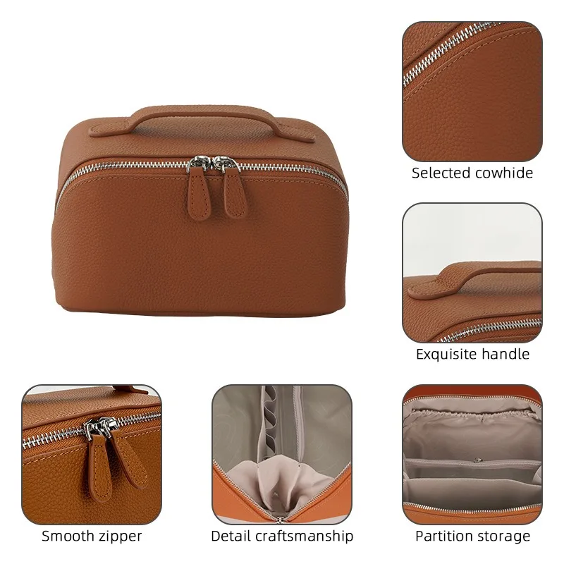 

New First-layer Cowhide Wash Bag Travel Portable Storage Bag Large Capacity Leather Makeup Skin Care Bag Women
