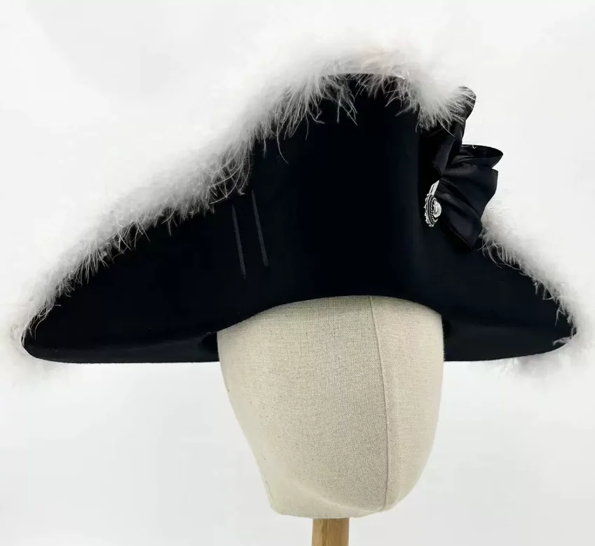 

18th Century German Tricorne Hat Men Black Cocked Cap Vintage Cocked Fluffy