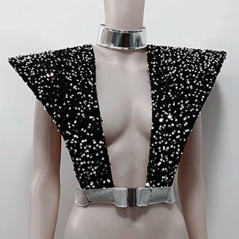 Glitter Sequins Shoulder Pads Vest Male Women Model Catwalk Stage Accessories Halloween Cosplay Costume Singer Dancer Stage Wear