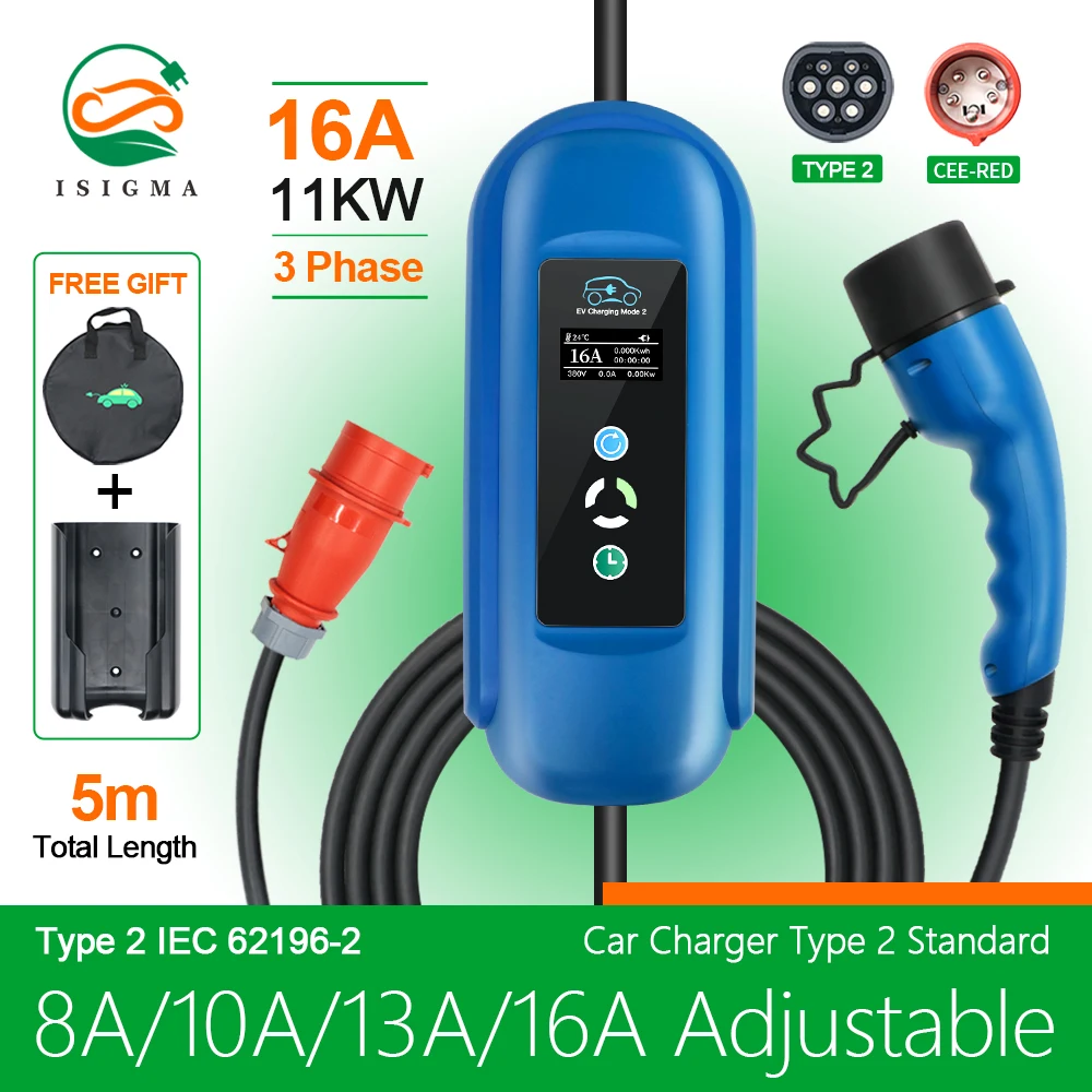 Isigma Portable EV Charger 16A 11KW Wallbox Type 2 IEC-62169 Standard Charging Timer For Eletric Vehicle Hybrid Cars Cable 5M