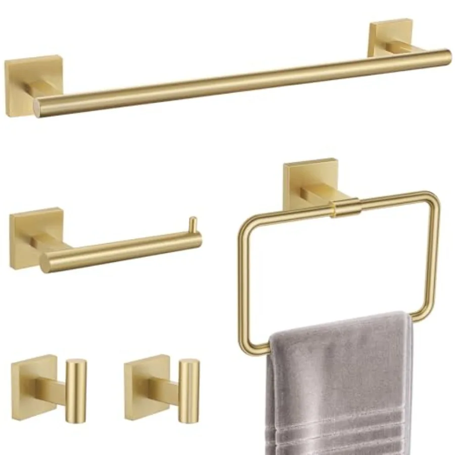 

Золотой набор вешалок для полотенец, набор аксессуаров из 5 предметов из матового золота для ванной комнаты, включает в себя вешалку для полотенец 23,6 дюйма, держатель для туалетной бумаги, полотенце Ri