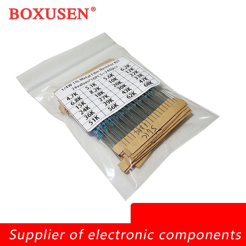 240Pcs 24Values 1/4W 0.25W 1% Metal Film Resistor Kit 4.7K-68K 5.1K 6.2K 10K 27K 47K 51K Electronic Component DIY Assortment Kit