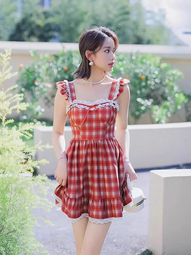 

Retro Red Plaid One-Piece Swimsuit for Girls Conservative plus Size Thermal Spa New Sle Fixed Chest Pad No Sve Casual Sw...