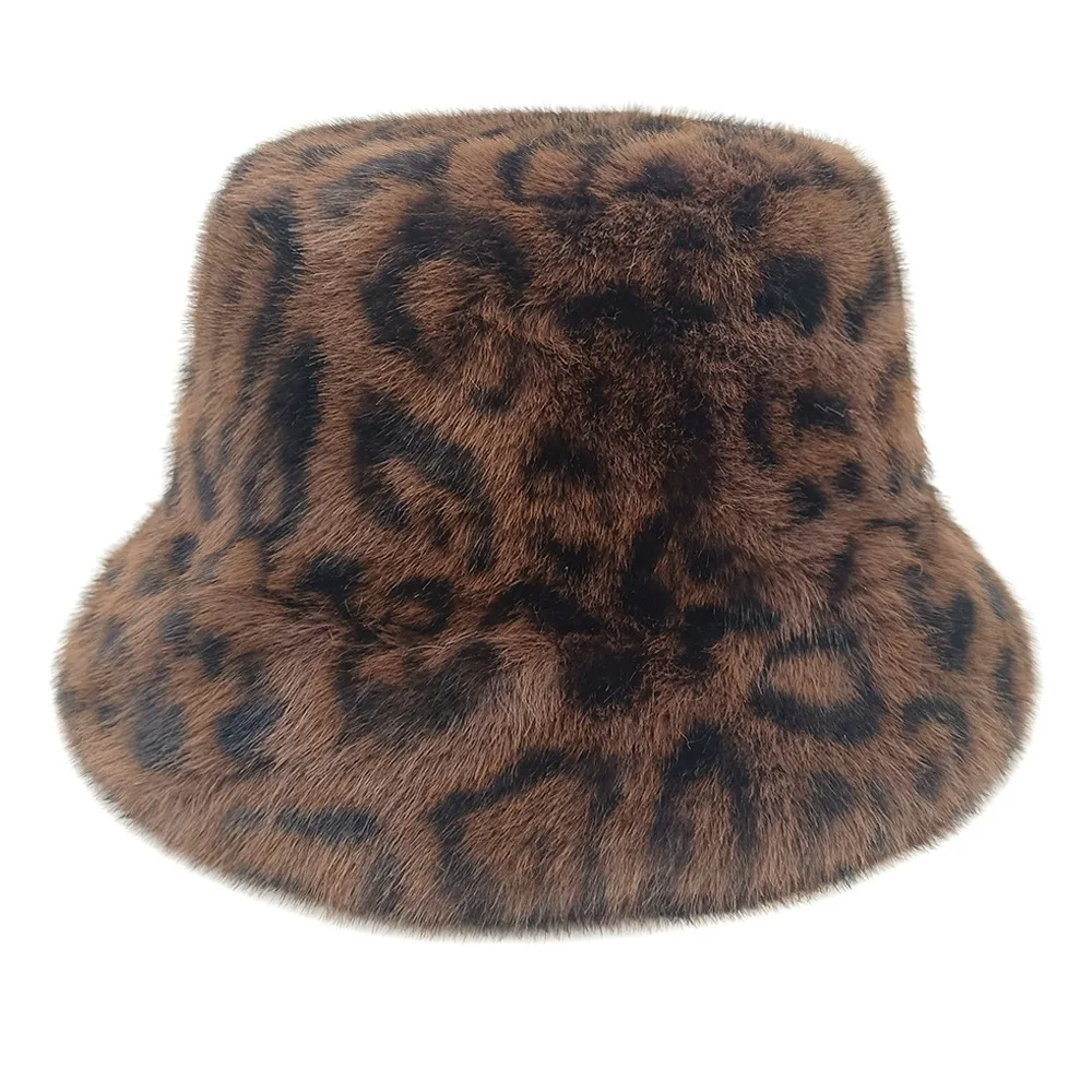 Leopard Print Fluffy Fur Bucket Hat Winter Outdoor Keep Warm for Women Windproof Panama Hat Fashion Thickened Warm Fisherman Cap