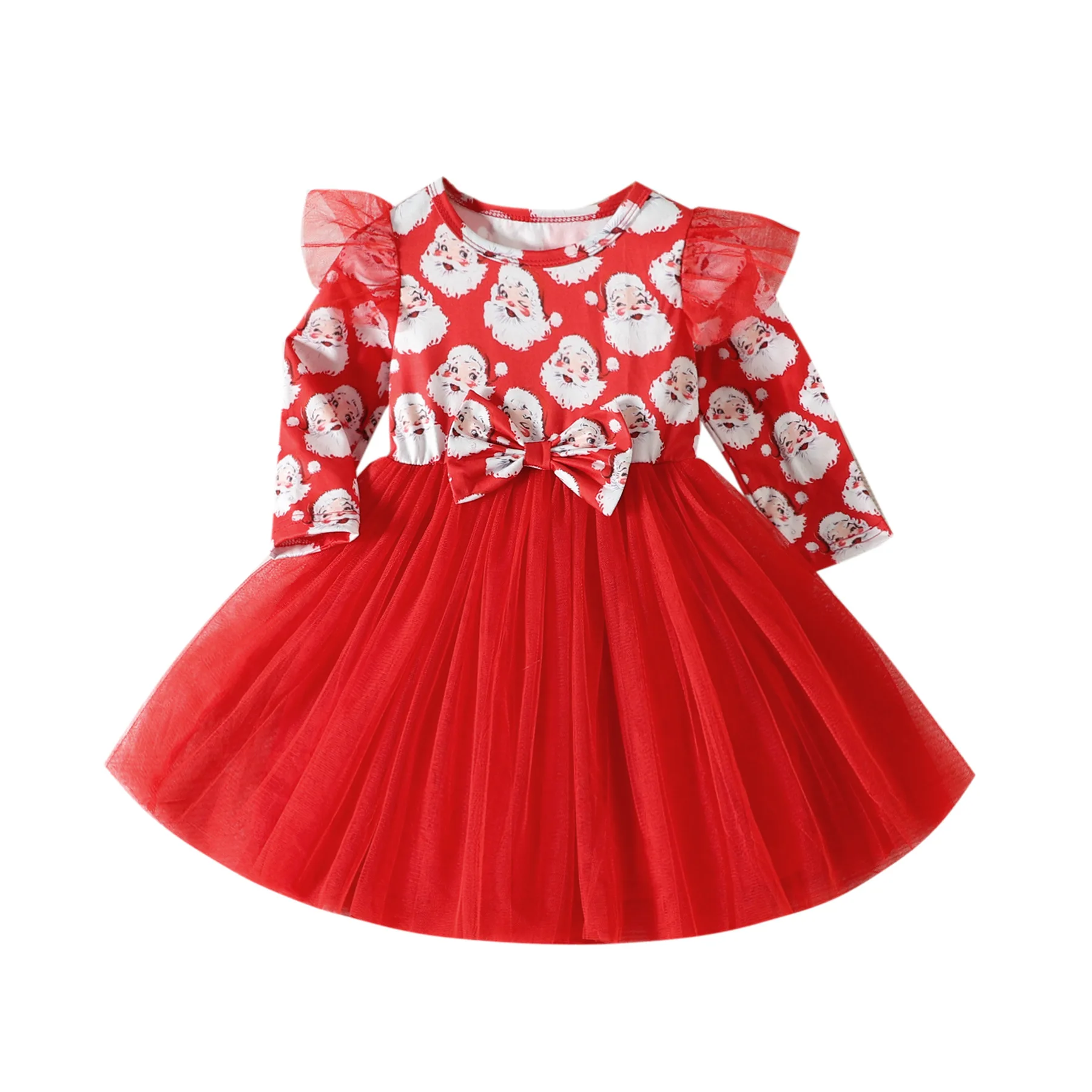

MINISO Christmas Santa Claus Girls Dress Long Sleeve Cartoon Head Print Mesh Dress Kawaii Holiday Festival Costume 3-8 Years