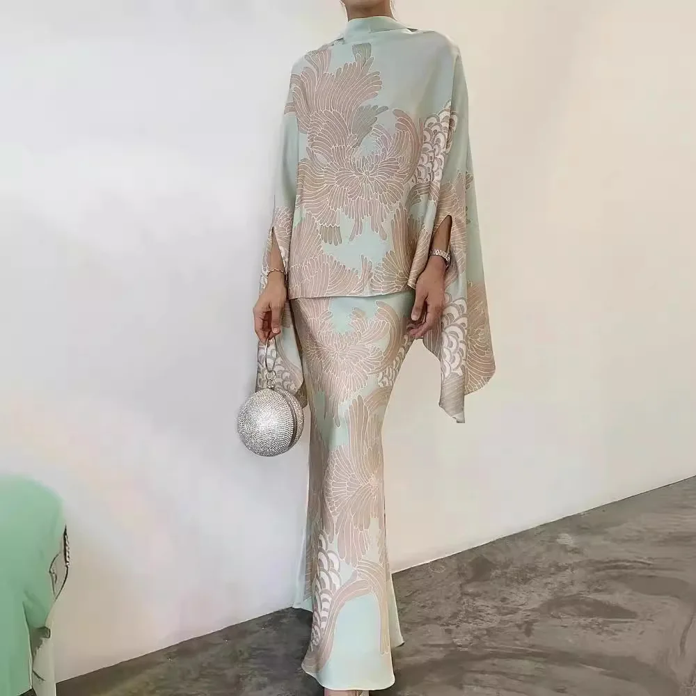 Conjuntos de falda larga estampados para mujer, capa de 2 piezas, Tops con mangas de murciélago, trajes, Vestidos, conjuntos de vestido largo elegante, Partyclub