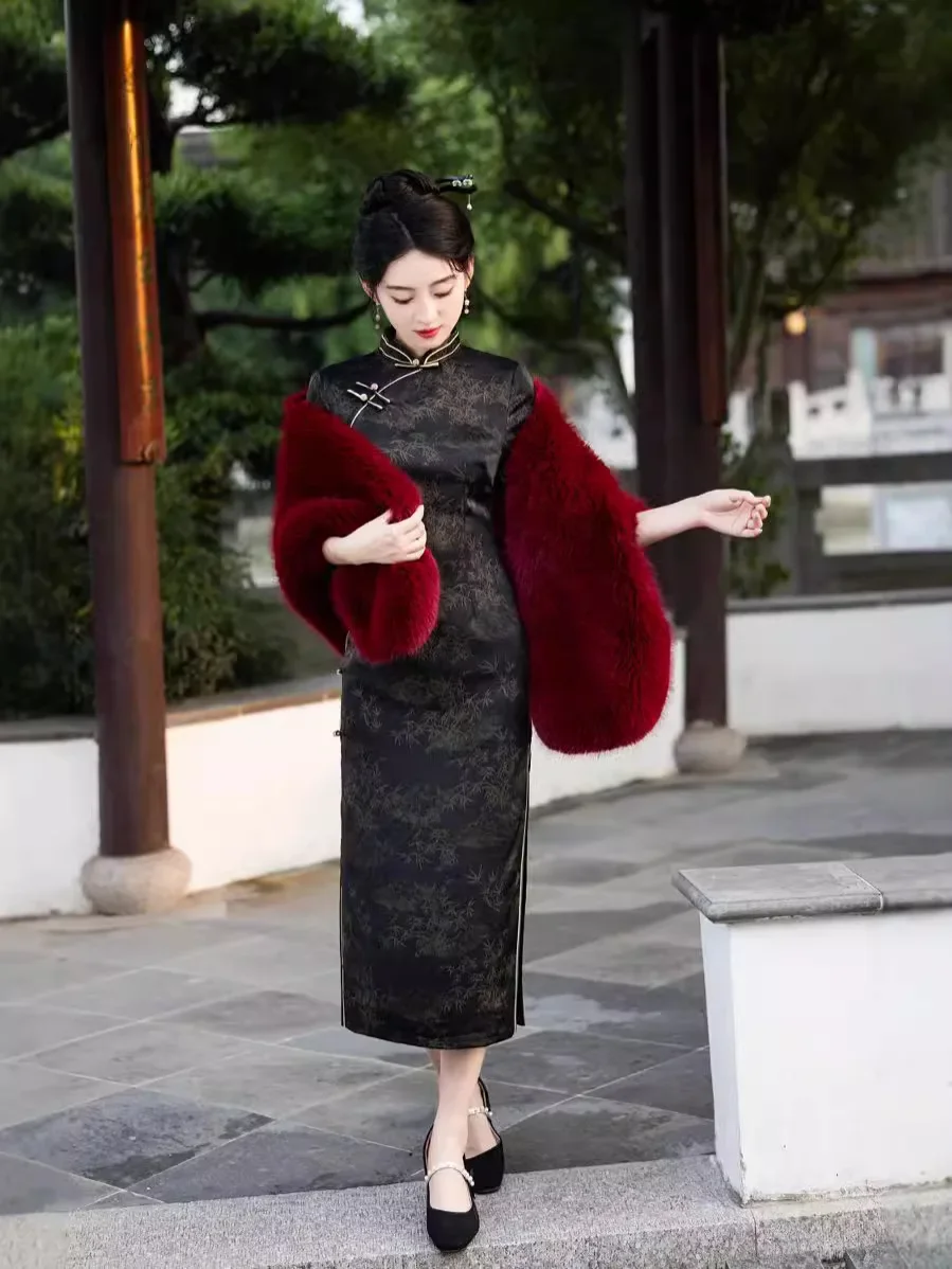 

2024, новое черное платье Cheongsam в китайском молодежном стиле, длинное платье Cheongsam Qipao с разрезом