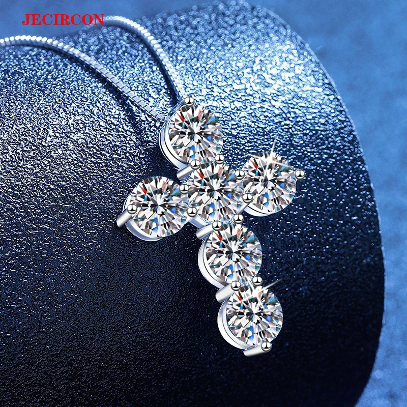 

JECIRCON S925 Sterling Silver Cross Pendant Necklace, 0.8CT Each Full Moissanite Stone with Box Chain, Sparkling Luxury Jewelry