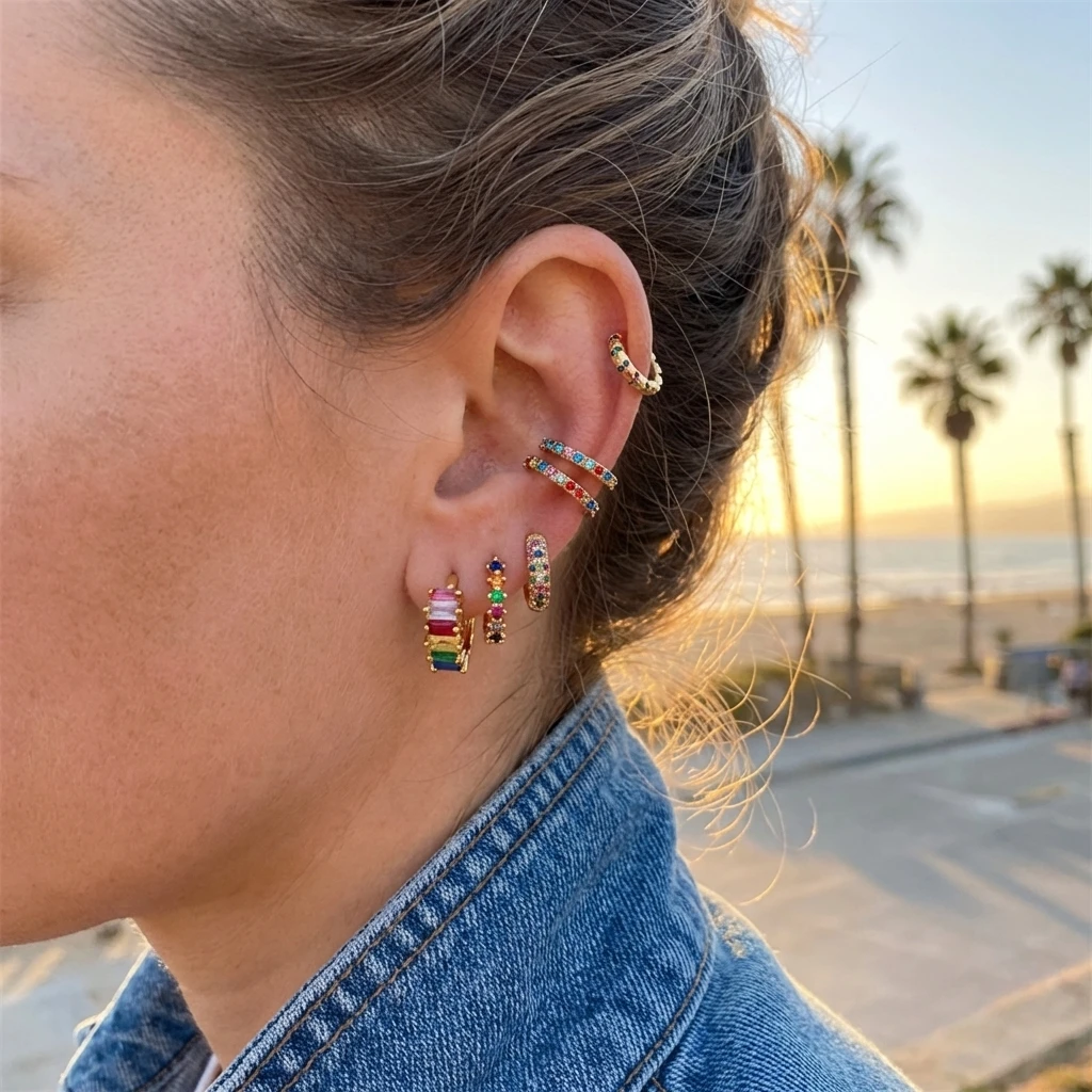 

Y2K Aesthetic Rainbow Earring Set for Women Multicolor Zircon Huggie Hoops Cartilage Ear Cuff Summer Festival Party Jewelry